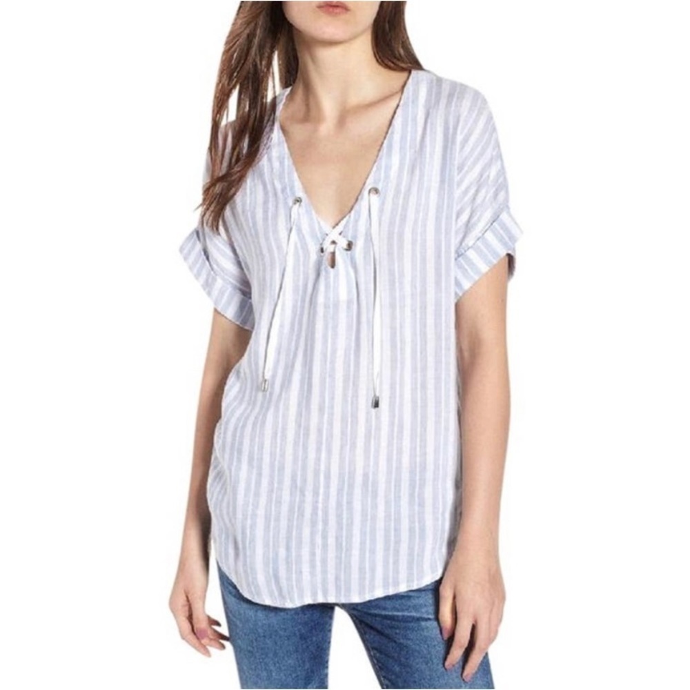 Rails Linen Blend Jeri Holland Stripe Lace Up Blouse